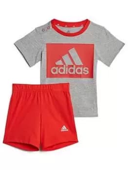 Image of Boys, adidas Favourites Infant Big Logo Short And Tee Set - Light Grey, Light Grey, Size 3-4 Years