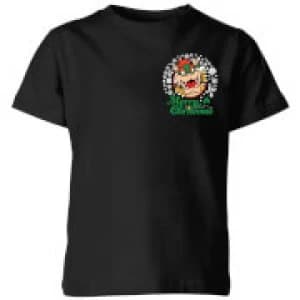 Image of Nintendo Super Mario Bowser Merry Christmas Pocket Wreath Kid's Christmas T-Shirt - Black - 7-8 Years