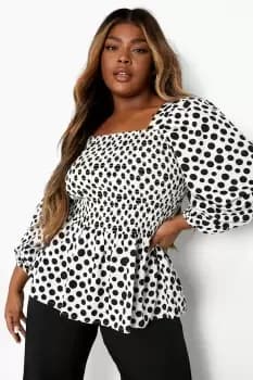 Image of Plus Polka Shirred Peplum Top