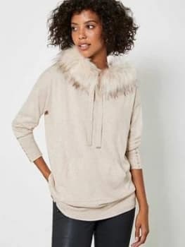 Image of Mint Velvet Faux Fur Longline Hoodie - Neutral Size XS, Women