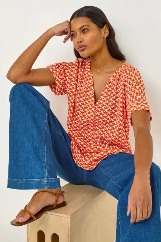 Image of Roman Womens Abstract Print Tunic Top in Orange Size: 16 Orange Female 16