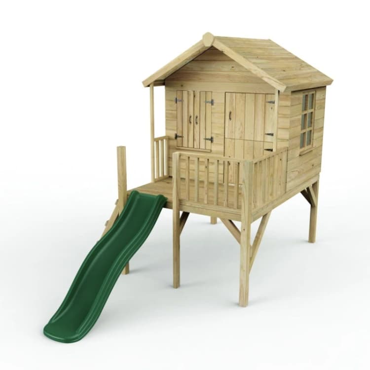 Image of Rebo 5ft x 5ft Wooden Garden Playhouse on Deck with 6ft Slide - Nightingale Green Natural