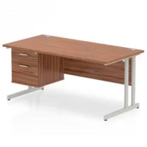 Image of Impulse 1600 Rectangle Silver Cant Leg Desk WALNUT 1 x 2 Drawer Fixed Ped