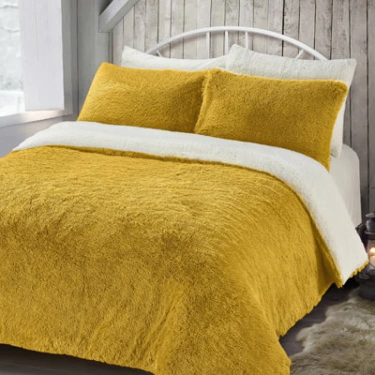 Image of Velosso Shaggy Teddy Duvet Cover & Pillowcase Set, Cosy Bedding For Warm Bedroom Essentials, Soft Texture, Machine Washable - Ochre