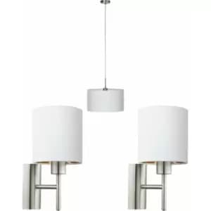 Image of Ceiling Pendant Light & 2x Matching Wall Lights Satin Nickel White Fabric Shade
