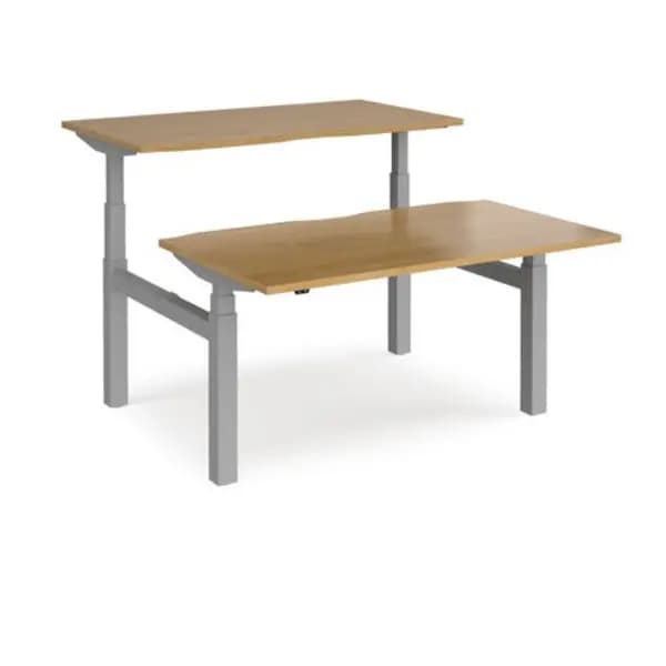 Image of Elev8 Height Adjustable Desk Back To Back Rectangular Desks 1400mm Oak Tops With Silver Frames Elev8 Touch Oak EVTB-1400-S-O