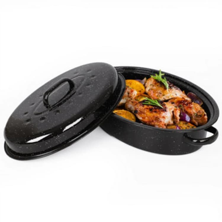 Image of VonShef Enamel Self-Basting Roasting Tin With Lid Black