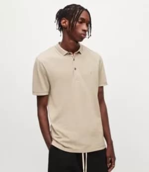 Image of AllSaints Mens Reform Short Sleeve Polo Shirt, Pebblestone Taupe, Size: XS