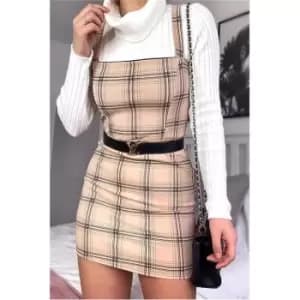 Image of I Saw It First Camel Crepe Check Pinafore Dress - Nude