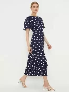 Image of Dorothy Perkins Spot Frill Hem Midi Dress - Navy, Blue, Size 16, Women