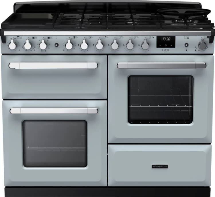 Image of Rangemaster Estel Deluxe ESDLO110DFPMSB/CM1 110cm wide Dual Fuel Range Cooker with Gas Hob - Misty Blue / Chrome - A/A Rated