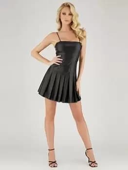 Image of Guess Alexandra Faux Leather Pleated Mini Dress - Black, Size 6, Women