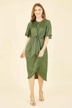 Image of Green Satin Tie Detail Midi Dress