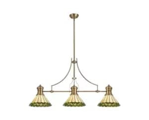 Image of 3 Light Telescopic Ceiling Pendant E27 With 30cm Tiffany Shade, Antique Brass, Green, Crystal