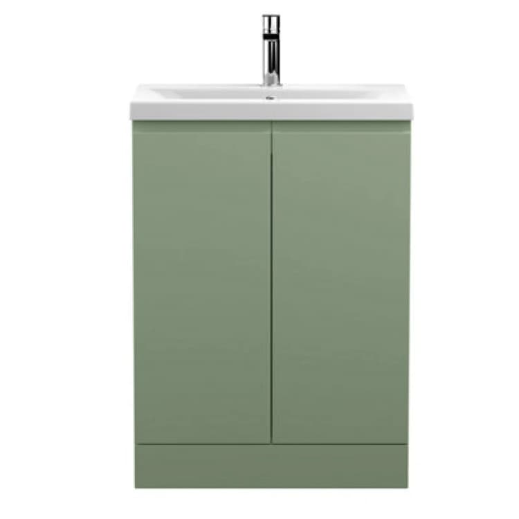 Image of Hudson Reed Urban Floor Standing 2 Soft Close Door Vanity Unit With Mid-Edge Basin, Modern Vanity Unit In Satin Green, 600mm