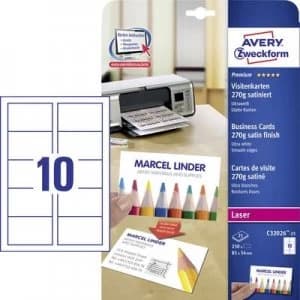 Image of Avery-Zweckform C32026-25 Printable business cards (smooth edge) 85 x 54mm Ultra white 250 pc(s) Paper size: A4
