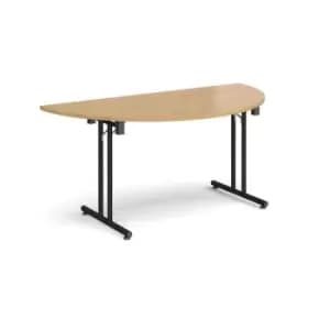Image of Semi circular folding leg table with Black legs and straight foot rails 1600mm x 800mm - oak