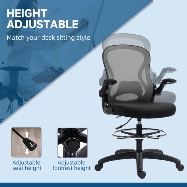 Image of VINSETTO Draughtsman Chair Tall Office Chair w/ Adjustable Footrest, Dark Grey Dark Grey