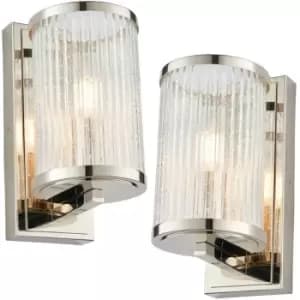 Image of 2 PACK Dimmable LED Wall Light Nickel & Ribbed Bubble Glass Shade Hanging Lamp