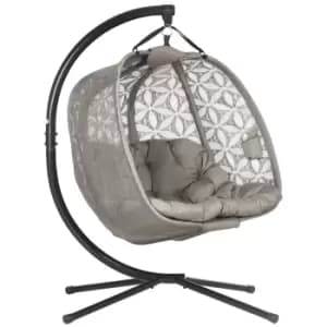 Image of Outsunny Outdoor Double Hanging Chair, Swing Chair with Metal Stand, Thick Padded Cushion, Foldable Basket and Cup Holders, for Indoor and Outdoor, Sa
