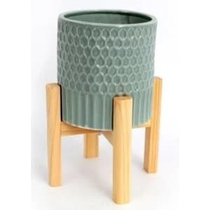 Image of Large Ceramic Teal Coloured Planter On Wooden Stand