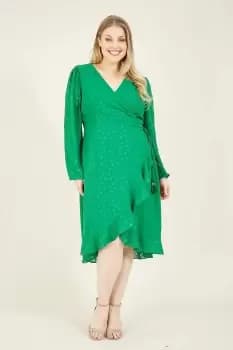 Image of Green Frill Plus Size Spotted Long Sleeve Wrap Dress