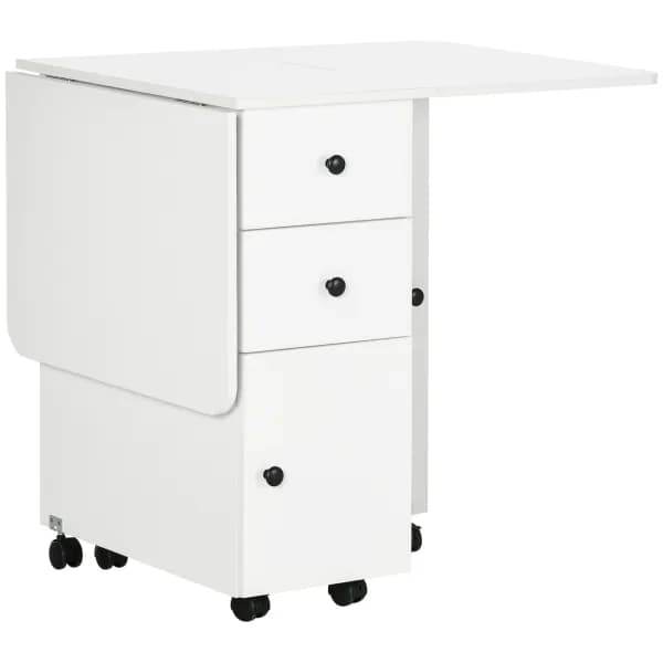 Image of HOMCOM Folding Dining Table for 4-6, Rolling Drop Leaf Table with Storage Drawers, Cabinet and Open Shelf, Extendable Kitchen Table on Wheels, White