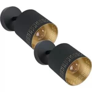 Image of 2 PACK Wall Light Colour Black Shade Black Outer Gold Inner Fabric Bulb E27 28W