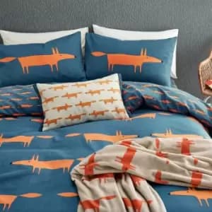Image of Scion Mr Fox Brushed Cotton Kingsize Duvet Cover Set, Denim & Orange