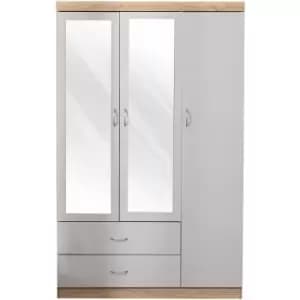Image of Hmd Furniture - Wooden Mirrored Wardrobe with 3 Doors and 2 Drawers, Hanging Rail and Space Saving for Bedroom Furniture,114x51x182.5cm(WxDxH) - Grey