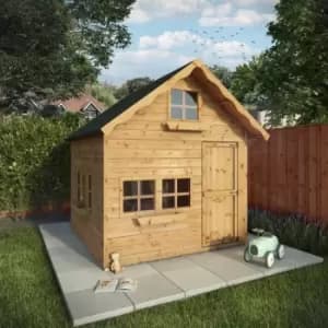Image of Waltons - EST. 1878 Childrens Outdoor Wooden 7ft x 7ft Double Storey Swiss Cottage Garden Playhouse - Brown