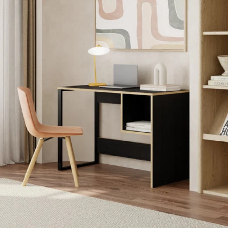Image of Decortie Model-4 110(W)Cm Computer Desk Black Wood Workstation PC Work Table Office Gaming Desk Shelf With Black Metal Leg