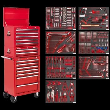 Image of Sealey Superline Pro 14 Drawer Roller Cabinet, Mid and Top Tool Chests + 446 Piece Tool Kit Red