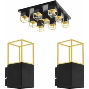 Image of Low Ceiling Light & 2x Matching Wall Lights Black & Gold Square Trendy Feature