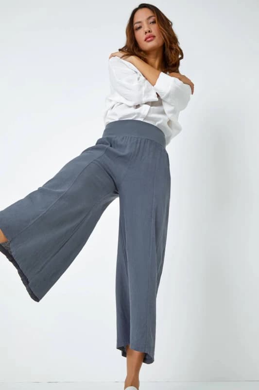 Image of Roman Linen Blend Stretch Waist Culottes Navy