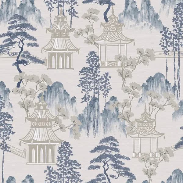 Image of Arthouse Japanese Pagoda Wallpaper Mid Blue