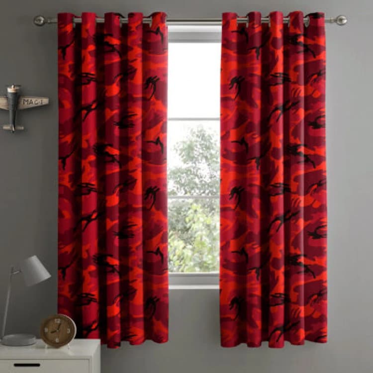 Image of Velosso Camouflage Eyelet Curtains in Red Size: 168cm width x 183cm drop Red Unisex 168cm width x 183cm drop