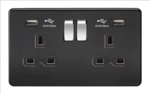Image of KnightsBridge 13A 2G Matt Black 2G Switched Socket with Dual 5V USB Charger Ports - Black Insert