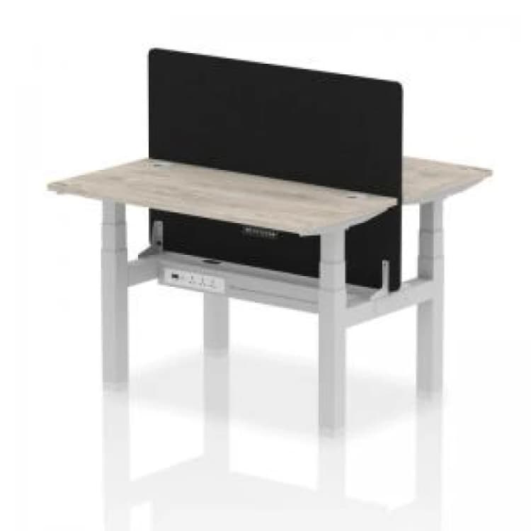 Image of Air Back - to - Back 1200 x 600mm Height Adjustable 2 Person Bench Office Desk Grey Oak Top - Cable Ports Silver Frame - Black Straight Screen