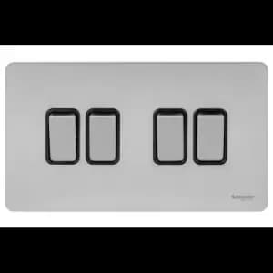 Image of Schneider Electric Ultimate Screwless Flat Plate - 4 Gang Rocker 2 Way Light Switch, Single Pole, 16AX, GU1442BSS, Stainless Steel with Black Insert