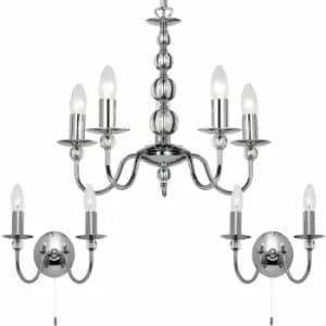 Image of 5 Bulb Ceiling Pendant Lamp & 2x Matching Twin Wall Light Chrome & Clear Glass