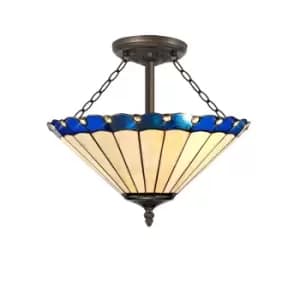 Image of 3 Light Semi Flush Ceiling E27 With 40cm Tiffany Shade, Blue, Crystal, Aged Antique Brass
