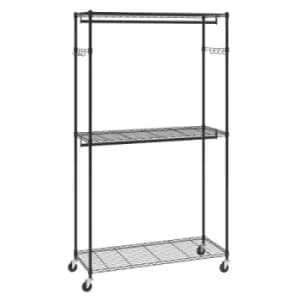Image of VEVOR Heavy Duty Clothes Rack, Rolling Clothing Garment Rack with 3 Storage Tiers, 2 Rods and 2 Pairs Side Hooks, Adjustable Height Clothing Rack Clos