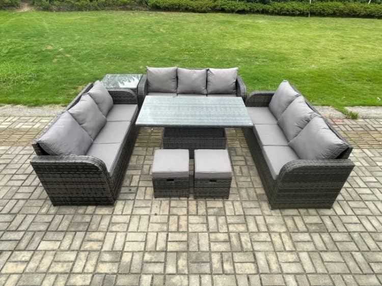 Image of Fimous Patio Garden Dining Set Outdoor Rattan Furniture Lounge Sofa Height Adjustable Rising lifting Table Dark Grey unisex