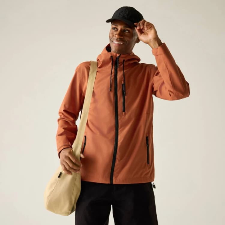 Image of Regatta Mens Frankie Lighweight Hooded Waterproof Jacket in Burnt Orange Size: Medium Burnt Orange Male M
