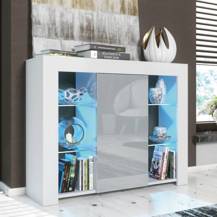 Image of Mex Furniture LTD Sideboard with LED Lighting & Gloss Doors / 97cm in Light Grey Light Grey Unisex