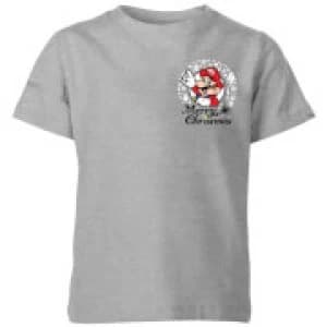 Image of Nintendo Super Mario Mario Merry Christmas Pocket Wreath Kid's T-Shirt - Grey - 5-6 Years