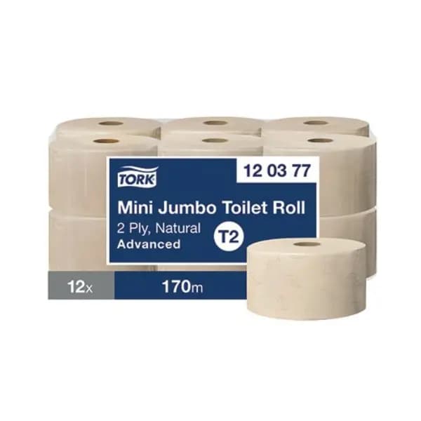 Image of Tork Mini Jumbo 2-Ply Toilet Roll Advanced 170m Natural (Pack of 12) 120377