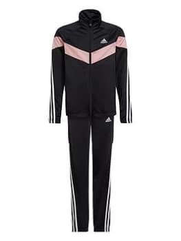 Image of adidas Older Girls 3 Stripe Colourblock Tracksuit - Black/Pink, Size 11-12 Years, Women