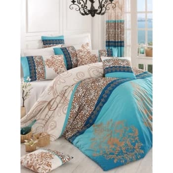 Image of 172PRL68417 Katre - Turquoise Turquoise Ecru Blue Brown Ranforce King Quilt Cover Set (FR)